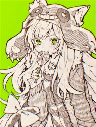 Rule 34 | 1girl, absurdres, animal ears, animal hat, blush, bow, candy, closed mouth, fake animal ears, fake tail, food, fur scarf, green background, green eyes, hat, highres, holding, holding candy, holding food, holding lollipop, jacket, kamiki ritsu, lollipop, long sleeves, nie3nie3, ookami game (studio wasabi), solo, tail, tail bow, tail ornament, wolf ears