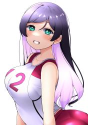 Rule 34 | 1girl, aqua eyes, arched back, ass, bare arms, bare shoulders, blush, breasts, buruma, colored inner hair, from side, grin, highres, kooei, large breasts, long hair, looking at viewer, love live!, love live! school idol project, multicolored hair, parted bangs, purple hair, red buruma, shirt, simple background, sleeveless, smile, solo, sportswear, swept bangs, tank top, tojo nozomi, upper body, volleyball uniform, white background, white shirt, white tank top