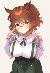 Rule 34 | 1girl, alternate costume, aston machan (umamusume), breasts, brown hair, commentary request, crown, glasses, green eyes, hair ornament, highres, horse girl, large breasts, medium hair, pointing, pointing at self, simple background, smile, solo, sui (h14 draw), umamusume, white background