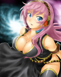 Rule 34 | 1girl, armband, bare shoulders, black dress, black thighhighs, blue eyes, blush, boots, breasts, cleavage, dress, female focus, gradient background, hair between eyes, headphones, headset, large breasts, long hair, long skirt, looking at viewer, megurine luka, neck, onsoku inu, open clothes, open dress, open mouth, pink hair, side slit, skirt, solo, space, thighhighs, vocaloid