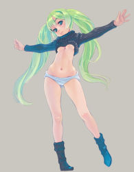 Rule 34 | 1girl, boots, breasts, green hair, long hair, original, panties, simple background, small breasts, socks, solo, sweater, twintails, underboob, underwear, weno