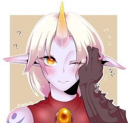 Rule 34 | 1girl, ?, ??, blush, colored skin, draven, eyebrows, eyelashes, flying sweatdrops, gem, gloves, hand on another&#039;s face, headpat, highres, horns, jewelry, league of legends, long hair, looking at viewer, one eye closed, otani (kota12ro08), parted bangs, pointy ears, ponytail, pov, purple skin, simple background, single horn, solo focus, soraka (league of legends), spikes, tattoo, translated, twitter username, white hair, yellow eyes
