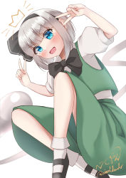 Rule 34 | 1girl, absurdres, arms up, artist name, black bow, black bowtie, black footwear, black hairband, blue eyes, blush, bow, bowtie, collar, collared shirt, crown (symbol), double v, eyes visible through hair, ghost, green skirt, green vest, grey hair, hairband, hands up, highres, konpaku youmu, konpaku youmu (ghost), looking at viewer, open mouth, puffy short sleeves, puffy sleeves, rital, shirt, shoes, short hair, short sleeves, signature, simple background, skirt, smile, socks, solo, touhou, v, vest, white background, white shirt, white sleeves, white socks