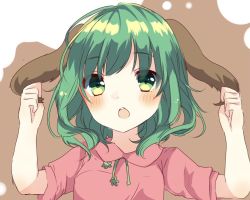 Rule 34 | 1girl, :o, animal ears, arms up, bad id, bad twitter id, blush, green eyes, green hair, holding ears, karasusou nano, kasodani kyouko, looking at viewer, multicolored background, open mouth, short hair, short sleeves, solo, touhou, two-tone background, upper body