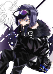 Rule 34 | 1girl, :o, absurdres, abyssal hunters logo, andreana (arknights), arknights, bad id, bad pixiv id, black jacket, black pants, black shirt, blunt bangs, commentary request, feet out of frame, from behind, fur-trimmed jacket, fur trim, goggles, goggles on head, gun, highres, holding, holding mask, jacket, lefty-hand, long sleeves, looking at viewer, mask, mask pull, mouth mask, open clothes, open jacket, pants, partial commentary, purple eyes, purple hair, rifle, shirt, short hair, sniper rifle, solo, tentacles, weapon, white background