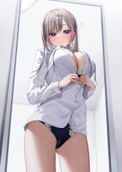 Rule 34 | 1girl, blue eyes, blue panties, blush, breasts, chigusa minori, closed mouth, collared shirt, commentary request, from below, gluteal fold, grey hair, hair ornament, hairclip, highres, large breasts, long hair, long sleeves, looking at viewer, no pants, panties, partially unbuttoned, saotome shino (shino to ren), shino to ren, shirt, solo, thighs, underwear, white shirt
