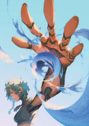 1girl android black_tank_top blue_eyes blue_sky braid cropped_torso floating floating_object glowing glowing_eyes green_hair hand_up highres low_twin_braids mechabare mogumo outstretched_arm reaching reaching_towards_viewer sand seams shirt short_hair sky standing tank_top tassel tattoo totoribe totoribe_(copyright) turtleneck turtleneck_shirt twin_braids