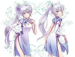 Rule 34 | 1girl, blue eyes, china dress, chinese clothes, commentary request, dress, dual persona, earrings, hair ornament, iesupa, jewelry, multiple views, ponytail, rwby, scar, scar across eye, scar on face, thighs, weiss schnee, white hair