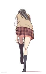 Rule 34 | 1girl, artist name, black hair, black socks, blouse, brown skirt, brown sweater vest, commentary request, dated commentary, dressing, facing away, from behind, full body, highres, kneehighs, kneepits, long hair, miniskirt, no shoes, original, plaid, plaid skirt, pleated skirt, putting on legwear, school uniform, shadow, shapoco, shirt, short sleeves, simple background, skirt, socks, solo, standing, sweater vest, twitter username, white background, white shirt