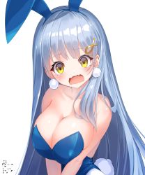 Rule 34 | 1girl, animal ears, bare shoulders, bettle (b s a n), blue hair, breast hold, breasts, rabbit ears, rabbit tail, cleavage, crying, crying with eyes open, earrings, fake animal ears, fang, hair ornament, hairband, highres, jewelry, large breasts, long hair, looking at viewer, open mouth, oshiro project:re, peterhof (oshiro project), playboy bunny, pom pom (clothes), pom pom earrings, simple background, solo, tail, tears, upper body, very long hair, wavy mouth, white background, yellow eyes