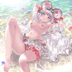 Rule 34 | 1girl, aldehyde, animal ears, armpits, arms up, bikini, blush, breasts, bridal garter, choker, closed mouth, collarbone, eyewear on head, fake animal ears, frilled choker, frills, granblue fantasy, highres, knee up, legs, looking at viewer, lying, microskirt, mouse (animal), mouse ears, navel, nipples, on back, red eyes, shore, short hair, skirt, small breasts, smile, star-shaped eyewear, star (symbol), sunglasses, swimsuit, thighs, topless, vikala (blooming summer wallflower) (granblue fantasy), vikala (granblue fantasy), water, wet, white hair