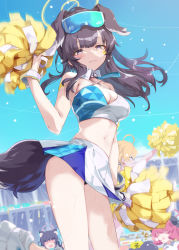 Rule 34 | 4girls, ahoge, animal ears, armpits, bare legs, bare shoulders, black hair, blonde hair, blue archive, blush, breasts, cheering, cheerleader, cleavage, crop top, dog ears, dog girl, dog tail, eyewear on head, goggles, goggles on head, halo, hibiki (blue archive), hibiki (cheer squad) (blue archive), holding, holding pom poms, junko (blue archive), kotori (blue archive), kotori (cheer squad) (blue archive), long hair, looking at viewer, medium breasts, midriff, millennium cheerleader outfit (blue archive), miniskirt, multiple girls, navel, ohland, open mouth, outdoors, panties, panty peek, pleated skirt, pom pom (cheerleading), pom poms, ponytail, serika (blue archive), shoes, skirt, sky, sleeveless, sneakers, sunglasses, sweat, tail, underwear, yellow eyes