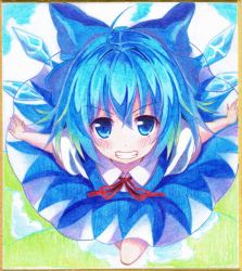 Rule 34 | 1girl, blue dress, blue eyes, blue hair, bow, cirno, dress, graphite (medium), grin, hair bow, ice, ice wings, kittona, looking at viewer, matching hair/eyes, millipen (medium), outstretched arms, shikishi, smile, solo, touhou, traditional media, watercolor pencil (medium), wings