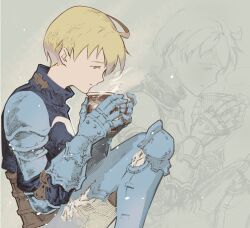 Rule 34 | 1boy, ahoge, armor, blonde hair, closed mouth, cofffee, cup, final fantasy, final fantasy tactics, gloves, holding, holding cup, male focus, nose, ramza beoulve, short hair, solo, yellow eyes