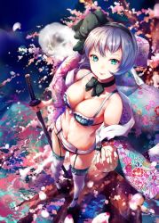 Rule 34 | 1girl, black bow, black bowtie, black ribbon, bow, bowtie, bra, breasts, cleavage, floral background, floral print, garter belt, garter straps, green bra, green eyes, hair ribbon, highres, holding, holding weapon, japanese clothes, katana, kimono, konpaku youmu, large breasts, looking at viewer, mayonaka taruho, navel, off shoulder, parted lips, ribbon, short hair, silver hair, solo, standing, sword, thighhighs, touhou, underwear, weapon, white thighhighs