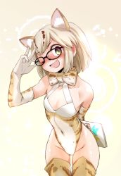 Rule 34 | 10s, 1girl, adapted costume, animal ear fluff, animal ears, black-framed eyewear, blonde hair, blush, bow, bowtie, cat ears, cat tail, commentary request, cowboy shot, elbow gloves, ez6, fang, glasses, gloves, highleg, highleg leotard, kemono friends, kittysuit, leaning forward, leotard, margay (kemono friends), margay print, multicolored clothes, nontraditional playboy bunny, open mouth, short hair, sleeveless, solo, standing, tail, thighhighs