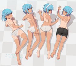 Rule 34 | 4girls, :d, :o, absurdres, ass, back, bare legs, barefoot, bike shorts, blue hair, breasts, checkered floor, closed mouth, english text, from above, full body, grey panties, hairband, highres, hrin, lace, lace-trimmed panties, lace trim, looking at viewer, lying, multiple girls, neyuki rei, on floor, on stomach, one-piece tan, open mouth, orange eyes, original, panties, pasties, polka dot, polka dot panties, short hair, short ponytail, small breasts, smile, tan, tanline, teeth, topless, underwear, underwear only, white hairband, yellow eyes