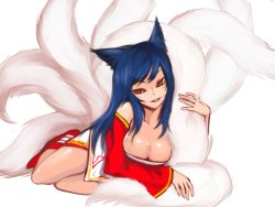 Rule 34 | 1girl, ahri (league of legends), animal ears, blue hair, breasts, cleavage, collarbone, detached sleeves, facial mark, fox ears, fox tail, grin, large breasts, league of legends, long hair, lying, multiple tails, on side, seductive smile, smile, solo, tail, whisker markings, white background, yellow eyes, ymtoto
