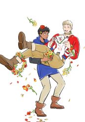 Rule 34 | 2boys, 51wi21, :d, ^ ^, animal, ankle boots, black hair, black shirt, blue eyes, blue hoodie, boots, brown footwear, carrying, choker, closed eyes, dancing, dog, dungeon meshi, facing another, flower, flower bracelet, flower choker, flower wreath, grey hair, grey pants, hair flower, hair ornament, hands up, highres, holding, holding animal, hood, hood down, hoodie, kabru, korean commentary, laios touden, long sleeves, looking at another, male focus, multiple boys, open mouth, pants, princess carry, puppy, red flower, red rose, red shirt, rose, sash, shirt, shoe soles, short hair, simple background, smile, sweat, tongue, tongue out, white background, yellow flower, yellow pants
