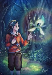 Rule 34 | 1boy, asymmetrical bangs, backwards hat, bad id, bad pixiv id, baseball cap, black eyes, black hair, blue eyes, celebi, creature, creatures (company), ethan (pokemon), eye contact, flying, forest, game freak, gen 2 pokemon, glowing, hanenbo, hat, highres, insect wings, legendary pokemon, long sleeves, looking at another, male focus, mythical pokemon, nature, nintendo, pokemon, pokemon (creature), pokemon hgss, signature, sparkle, standing, tree, wings
