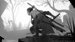 Rule 34 | 1boy, armor, bare tree, boots, email address, from side, greyscale, highres, holding, holding sword, holding weapon, katana, l aciel, monochrome, outdoors, pants, ponytail, sekiro, sekiro: shadows die twice, sneaking, solo focus, squatting, sword, torn clothes, torn coat, tree, watermark, weapon, weapon on back, web address