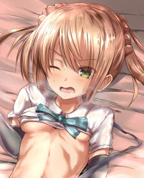 Rule 34 | 10s, 1girl, arm warmers, blonde hair, blush, breasts, brown hair, clothes lift, clothes pull, double bun, dress, green eyes, hair bun, kantai collection, long hair, lying, michishio (kancolle), no bra, on back, one eye closed, open mouth, school uniform, serafuku, shirt lift, shirt pull, short hair, short twintails, small breasts, solo, suspenders, sweater, sweater dress, tai (nazutai), twintails, underboob