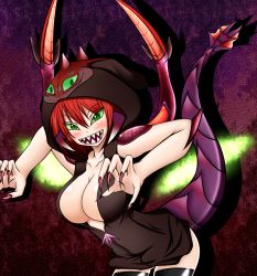 Rule 34 | 1girl, black thighhighs, breasts, cho&#039;gath, cleavage, collarbone, fingernails, gender request, genderswap, green eyes, highres, hood, kurarika, large breasts, league of legends, long fingernails, monster girl, nail polish, personification, red hair, sharp teeth, short hair, slit pupils, solo, spikes, tail, teeth, thighhighs, unzipped