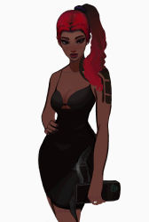 Rule 34 | 1girl, absurdres, alternate costume, alternate hairstyle, apex legends, arm tattoo, bag, black dress, black nails, breasts, brown eyes, cleavage, commentary, dress, earrings, english commentary, hand on own hip, handbag, highres, holding, holding bag, jewelry, lifeline (apex legends), long hair, looking at viewer, medium breasts, nail polish, peter chai, ponytail, red hair, red lips, solo, tattoo