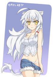 Rule 34 | 10s, 1girl, ahoge, animal ears, bare shoulders, braid, breasts, cat ears, cat tail, cleavage, denim, denim shorts, dog days, leonmitchelli galette des rois, lo xueming, long hair, panties, shorts, single braid, smile, solo, tail, underwear, white hair, white panties, yellow eyes