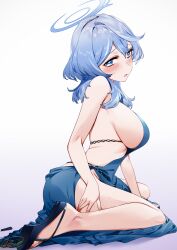 Rule 34 | 1girl, ako (blue archive), ako (dress) (blue archive), ass, backless dress, backless outfit, black hairband, blew andwhite, blue archive, blue dress, blue eyes, blue hair, blue halo, blush, breasts, dress, hair between eyes, hairband, halo, highres, large breasts, long hair, official alternate costume, open mouth, sideboob, sleeveless, sleeveless dress, solo