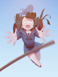 Rule 34 | 10s, 1girl, absurdres, broom, brown hair, flying, from below, hat, highres, kagari atsuko, little witch academia, long hair, open mouth, outstretched arms, solo, unworn hat, unworn headwear, witch hat, xini m