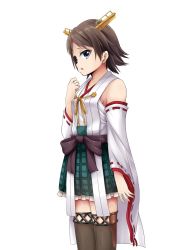 Rule 34 | 10s, 1girl, bassa, black bow, black thighhighs, blue eyes, bow, brown hair, commentary, detached sleeves, green skirt, hiei (kancolle), hiei kai ni (kancolle), kantai collection, long sleeves, looking at viewer, no legwear, nontraditional miko, open mouth, plaid, plaid skirt, ribbon, short hair, skirt, solo, thighhighs, yellow ribbon