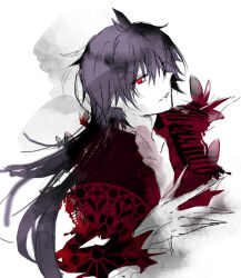 Rule 34 | 1boy, black hair, hikage (kokuchou no psychedelica), houkiri nemu, jacket, kokuchou no psychedelica, long hair, long sleeves, male focus, parted lips, ponytail, red eyes, red jacket, sketch, solo, teeth, white background