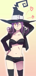 Rule 34 | 00s, 1girl, bad id, bad pixiv id, bandeau, blair (soul eater), hat, lowres, midriff, navel, one eye closed, purple hair, short shorts, shorts, solo, soul eater, strapless, thighhighs, tube top, wink, witch hat