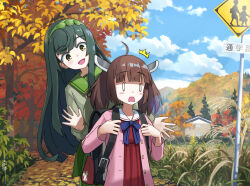 Rule 34 | 0 0, 2girls, ^^^, absurdres, ahoge, autumn, autumn leaves, backpack, bag, behind another, blue sky, brown hair, cardigan, cloud, cloudy sky, commentary request, cowboy shot, day, dress, green hair, green hairband, green sailor collar, green serafuku, green skirt, hairband, headgear, highres, holding strap, house, leaning to the side, long hair, long sleeves, looking at another, mountainous horizon, multiple girls, open mouth, outdoors, path, pink cardigan, raised eyebrows, randoseru, red dress, road, rural, sailor collar, sailor dress, scenery, school uniform, serafuku, short twintails, siblings, sign, sisters, skirt, sky, standing, surprised, susuki grass, tateyuki, touhoku kiritan, touhoku zunko, tree, twintails, voiceroid, white sailor collar