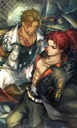 2boys, abs, bangs, beowulf (fate), blonde hair, bone, chinese clothes, commentary request, cu chulainn (fate) (all), cu chulainn alter (fate/grand order), facial hair, fate/extra, fate/grand order, fate (series), haruko (haruhello), highres, hood, jacket, jewelry, lancer, li shuwen (fate), li shuwen (fate/grand order), long hair, long sleeves, male cleavage, male focus, manly, mini cu-chan (fate), multiple boys, muscular, muscular male, necklace, open clothes, open jacket, pants, pectorals, ponytail, red eyes, red hair, scar, smile, tank top, teeth, toned, toned male