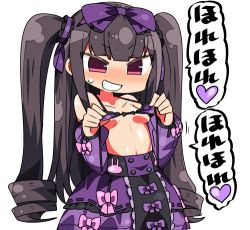 Rule 34 | 1girl, bare shoulders, blush, bow, bow bra, bra, breasts, brown hair, collarbone, detached sleeves, grin, hair bow, heart, kanikama, lolita fashion, long hair, long sleeves, lowres, nose blush, original, pink bow, puffy long sleeves, puffy sleeves, purple bow, purple bra, purple skirt, purple sleeves, red eyes, ringlets, simple background, skirt, small breasts, smile, solo, sweat, translation request, two side up, underwear, undressing, v-shaped eyebrows, very long hair, white background