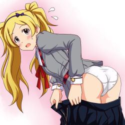 Rule 34 | 1girl, ass, bent over, black skirt, blonde hair, blouse, blue hairband, blush, clothes pull, collared shirt, commentary, cowboy shot, crotch seam, emily stewart, flying sweatdrops, from behind, frown, gradient background, grey shirt, hairband, idolmaster, idolmaster million live!, lielos, long hair, long sleeves, looking at viewer, looking back, miniskirt, neck ribbon, open mouth, panties, pink background, pleated skirt, pulling own clothes, purple eyes, red neckwear, ribbon, school uniform, shirt, skirt, skirt pull, smile, standing, sweatdrop, twintails, underwear, undressing, uniform series (idolmaster), white panties