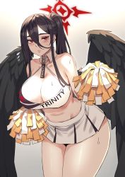 Rule 34 | 1girl, bare shoulders, bird wings, black hair, black wings, blue archive, blush, breasts, carcass (artist), cheerleader, cleavage, closed mouth, collarbone, detached collar, english text, feathered wings, hair between eyes, halo, hasumi (blue archive), highres, large breasts, leaning, leaning forward, long hair, looking at viewer, midriff, navel, pleated skirt, pom pom (cheerleading), ponytail, sidelocks, skirt, solo, stomach, sweat, sweatdrop, thick thighs, thighs, wings