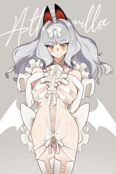 Rule 34 | 1girl, animal ears, bare shoulders, blush, boots, bow, breasts, carmilla (fate), character name, closed mouth, cowboy shot, cross-laced clothes, cross-laced footwear, elbow gloves, fate/grand order, fate (series), gloves, grey background, grey hair, groin, hair bow, hair intakes, hands on own chest, highleg, highleg leotard, highres, lace-up boots, large breasts, leotard, long hair, looking at viewer, low wings, monkey jon, navel, revealing clothes, simple background, smile, solo, thigh boots, white bow, white footwear, white gloves, white leotard, white wings, wings, yellow eyes