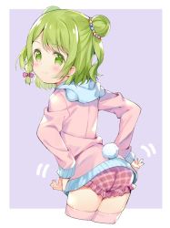 Rule 34 | 1girl, animal ears, animal hood, bear ears, bear hood, bear tail, blush, bow, braid, closed mouth, commentary request, cowboy shot, cropped legs, double bun, fake animal ears, frilled shorts, frills, green eyes, green hair, hair bow, hair bun, hands on own hips, hood, hood down, hooded jacket, jacket, long sleeves, looking at viewer, looking back, meito (maze), morinaka kazaki, nijisanji, pink bow, pink jacket, pink thighhighs, plaid, plaid shorts, purple background, red shorts, shorts, side braid, single braid, sleeves past wrists, smile, solo, tail, thighhighs, two-tone background, two side up, virtual youtuber, white background