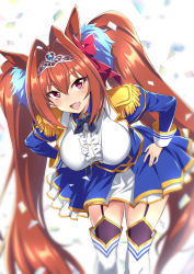 Rule 34 | 1girl, :d, animal ears, antenna hair, blurry, blurry background, blush, breasts, brown hair, daiwa scarlet (umamusume), epaulettes, fang, garter straps, hands on own hips, highres, horse ears, horse girl, large breasts, leaning forward, long hair, long sleeves, nakahira guy, open mouth, red eyes, simple background, skin fang, smile, solo, thighhighs, tiara, translation request, twintails, umamusume, very long hair, white background