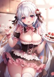 Rule 34 | 1girl, :d, black dress, black sleeves, blurry, blurry background, blush, bow, bow panties, breasts, candy, chocolate, chocolate heart, commentary request, depth of field, detached sleeves, dress, fang, food, fruit, grey hair, hair between eyes, heart, holding, holding food, holding plate, indoors, large breasts, long hair, looking at viewer, maid headdress, mitsuba choco, open mouth, original, panties, petals, plate, puffy short sleeves, puffy sleeves, red eyes, short sleeves, smile, solo, strawberry, thighhighs, twitter username, underwear, very long hair, white panties, white thighhighs