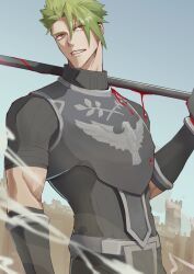 Rule 34 | 1boy, achilles (fate), armor, black shirt, blood, blood on clothes, bloody weapon, castle, clenched teeth, cowboy shot, fate/apocrypha, fate (series), gauntlets, green hair, grey sky, hair between eyes, haruakira, highres, looking up, male focus, mature male, outdoors, over shoulder, ribbed shirt, shirt, short hair, short sleeves, sky, solo, teeth, undercut, weapon, weapon over shoulder