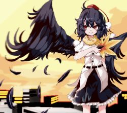 Rule 34 | 1girl, bird wings, black hair, black skirt, black wings, blush, breasts, closed mouth, commentary request, cowboy shot, feathers, frilled skirt, frills, hair between eyes, hat, hauchiwa, highres, medium breasts, pixel art, pom pom (clothes), puffy short sleeves, puffy sleeves, red eyes, shameimaru aya, shirt, short hair, short sleeves, skirt, sky, smile, solo, sparseseethe, tokin hat, touhou, white shirt, wings, yellow sky