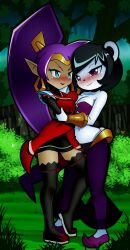 Rule 34 | 2girls, animal ears, armor, asymmetrical docking, black hair, blue eyes, blush, boots, breast press, breasts, chacrawarrior, cleavage, cosplay, costume switch, crossover, curvy, earrings, eyelashes, forest, freedom planet, furry, galaxytrail, harem pants, highres, hug, interspecies, jewelry, large breasts, long hair, looking at another, midriff, multiple girls, nature, naughty face, navel, neera li, outdoors, panda ears, pants, pointy ears, ponytail, purple eyes, purple hair, seductive smile, shantae, shantae (series), shoes, short hair, shoulder armor, smile, standing, thigh boots, thighhighs, very long hair, wayforward, wide hips, yuri, zettai ryouiki