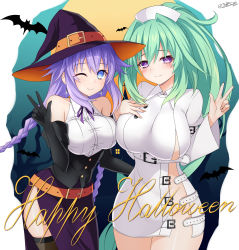 Rule 34 | 2girls, absurdres, artist name, braid, breasts, green hair, green heart (neptunia), halloween, halloween costume, hat, highres, large breasts, legs, long hair, looking at viewer, low twin braids, multiple girls, navel, neptune (neptunia), neptune (series), no bra, no panties, nurse, one eye closed, open clothes, ponytail, power symbol-shaped pupils, purple eyes, purple hair, purple heart (neptunia), smile, symbol-shaped pupils, thick thighs, thighs, twin braids, v, vert (neptunia), wink, witch, witch hat