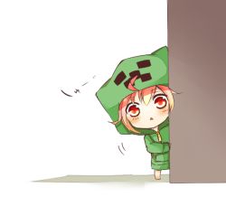 Rule 34 | 1girl, around corner, blush, chibi, creeparka, creeper, hood, hoodie, looking at viewer, minecraft, peeking out, personification, red eyes, red hair, simple background, solo, tosura-ayato, white background