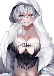 Rule 34 | 1girl, absurdres, black dress, blue eyes, blush, breasts, cleavage, collarbone, dress, fate/grand order, fate (series), glasses, grey hair, highres, jacques de molay (foreigner) (fate), large breasts, len (hand linke), looking at viewer, short dress, short hair, smile, thighs, tongue, tongue out