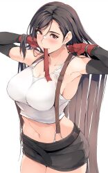 Rule 34 | 1girl, arms up, belt, black belt, black hair, black skirt, blush, breasts, crop top, dangle earrings, earrings, final fantasy, final fantasy vii, fingerless gloves, gloves, highres, jewelry, large breasts, long hair, looking at viewer, midriff, miniskirt, mouth hold, navel, red eyes, red gloves, skirt, solo, stomach, suspender skirt, suspenders, tank top, tifa lockhart, very long hair, white tank top, zekkyon